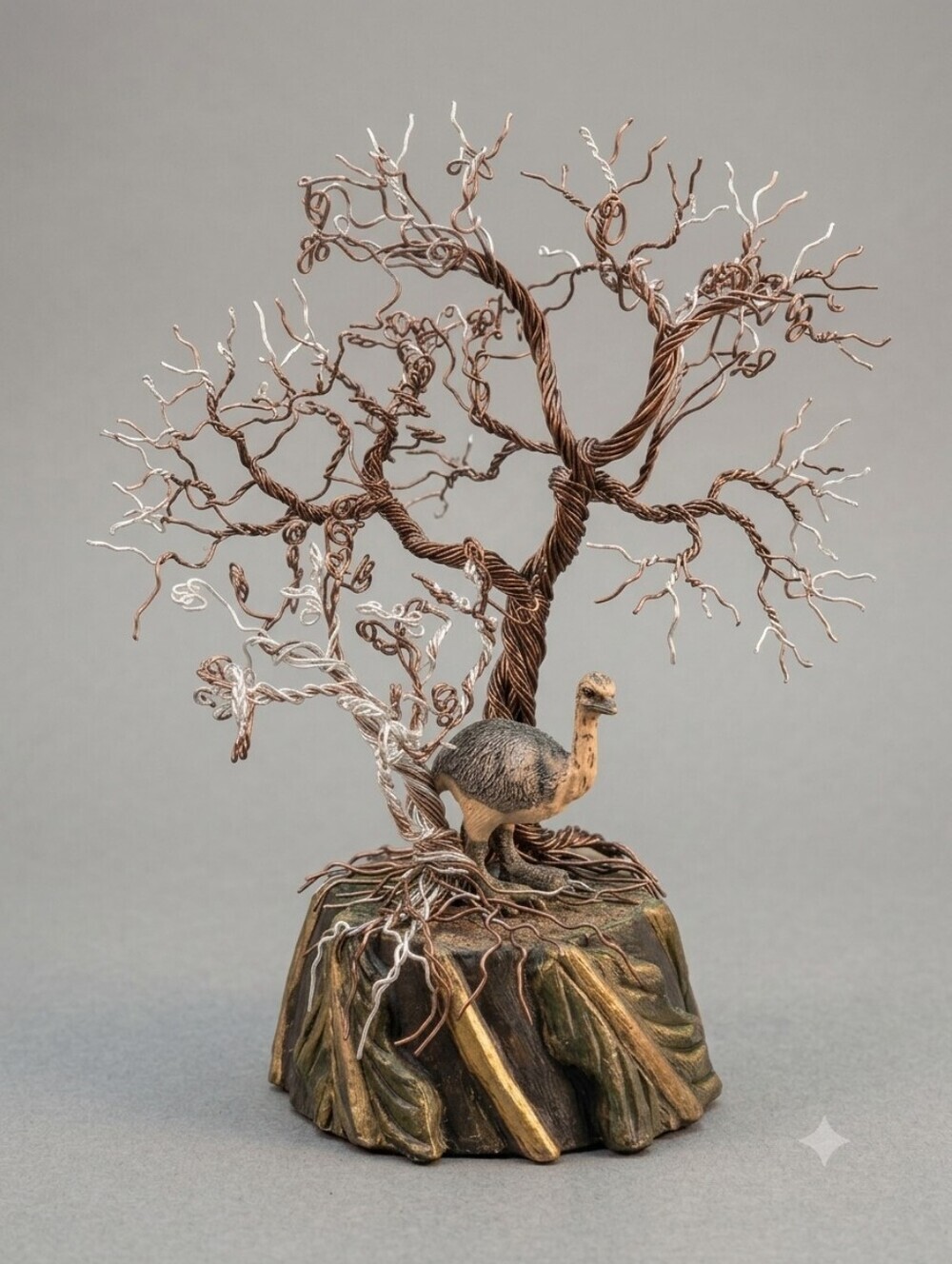 Handmade Twisted Wire Bonsai Tree Sculpture with Miniature Rhea/Emu Figurine